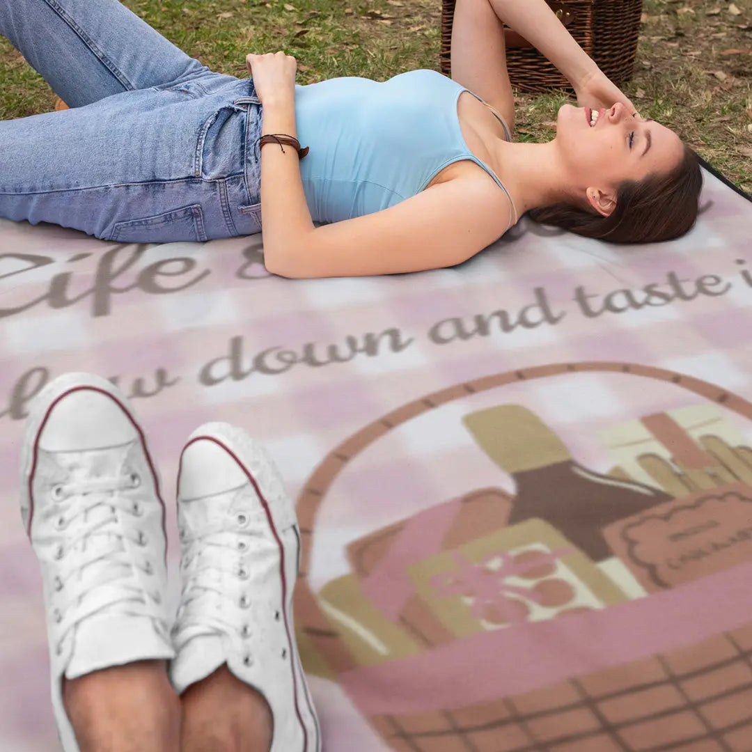 Life’s a Picnic Blanket spread on grass — luxury outdoor blanket for family picnics